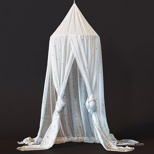 White Bed Canopy with Dotted Hanging Curtain for Bedroom Decoration 3d model 
