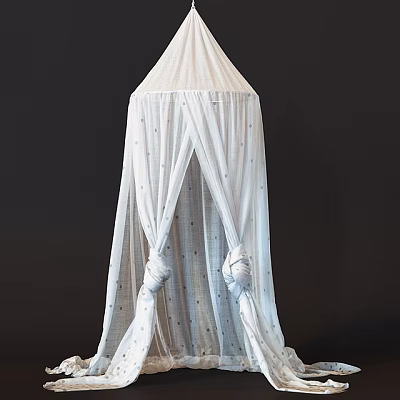 White Bed Canopy with Dotted Hanging Curtain for Bedroom Decoration 3d model