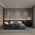 Modern Bedroom Interior With Striped Bed Pillows Round Wall Art Gray Rug And Window Curtains