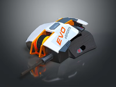 EVO ASPECT Mechanical Device With Orange White Black Design On Grey Background 3d model