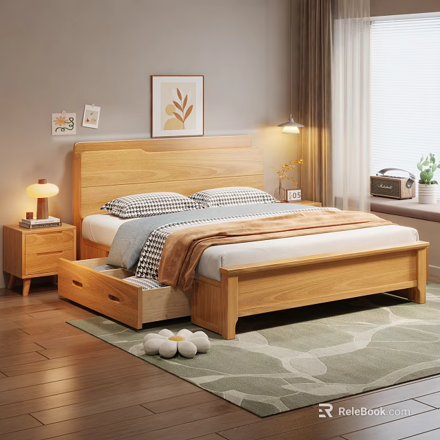 Natural Bedroom With Wooden Bed Storage Drawers Nightstand Table Lamp Decorative Paintings And Area Rug 3d model 