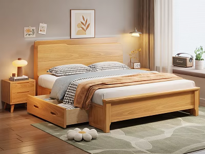 Natural Bedroom With Wooden Bed Storage Drawers Nightstand Table Lamp Decorative Paintings And Area Rug 3d model