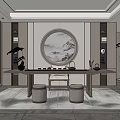 Modern Chinese Style Tea Room Interior With Circular Painting Long Table And Green Plants