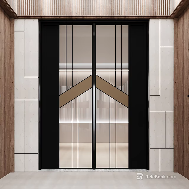 Modern Sliding Doors With Glass Panels Black Metal Frame And Wooden Stone Walls 3d model 
