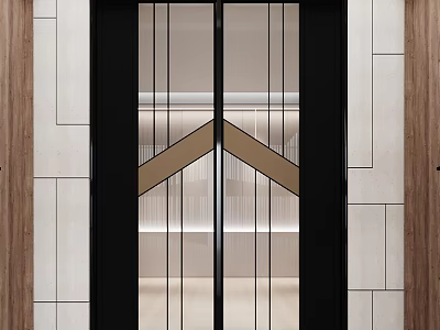 Modern Sliding Doors With Glass Panels Black Metal Frame And Wooden Stone Walls 3d model