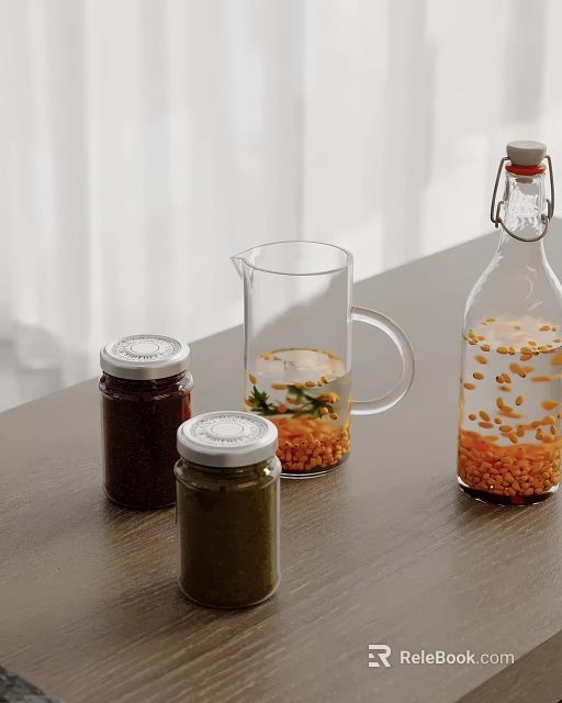 Kitchen Transparent Storage Jars With White Lids Glass Pitcher For Ingredients On Wooden Tabletop 3d model 
