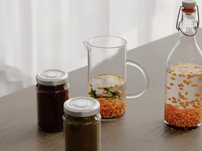 Kitchen Transparent Storage Jars With White Lids Glass Pitcher For Ingredients On Wooden Tabletop 3d model