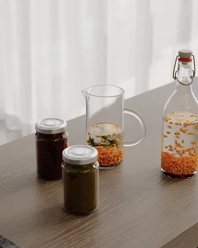 Kitchen Transparent Storage Jars With White Lids Glass Pitcher For Ingredients On Wooden Tabletop 3d model
