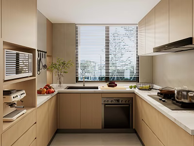 Modern Light Wood Kitchen Interior With L Shaped Layout Window Blinds And Countertop Appliances 3d model