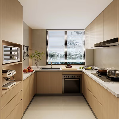 Modern Light Wood Kitchen Interior With L Shaped Layout Window Blinds And Countertop Appliances 3d model