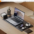 Modern Laptop Setup On Wooden Desk With Smartphone Wireless Earbuds And Coffee Cup