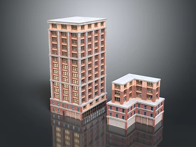 Two Residential Buildings With Brick Red And White Exterior Multi Story Windows Balconies Design 3d model