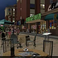 Vibrant Commercial Street with Fashion Storefronts Outdoor Seating and Green Plants Under Evening Lighting