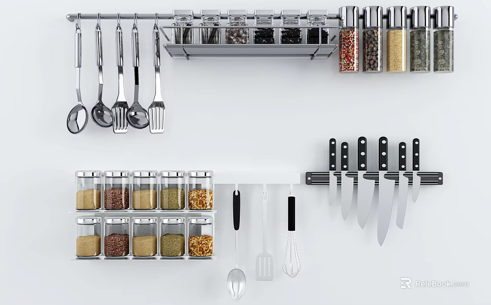 Wall Mounted Kitchen Storage With Hanging Utensils Glass Spice Jars And Knives 3d model 