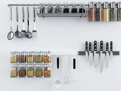 Wall Mounted Kitchen Storage With Hanging Utensils Glass Spice Jars And Knives 3d model