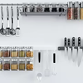 Wall Mounted Kitchen Storage With Hanging Utensils Glass Spice Jars And Knives