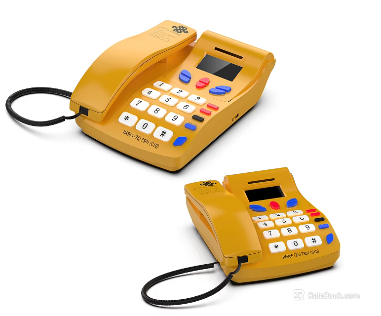 Yellow Landline Phones In Two Angles With Numeric Keypad Color Function Keys And Display Screen 3d model 