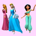 Group of Four Disney Princesses with One Waving in Different Colored Dresses on Pink Background