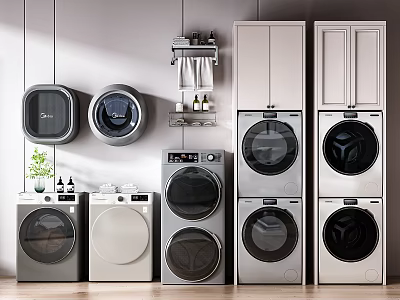 Various Types Of Washing Machines In Modern Interior Wall Mounted Stackable And Standalone 3d model