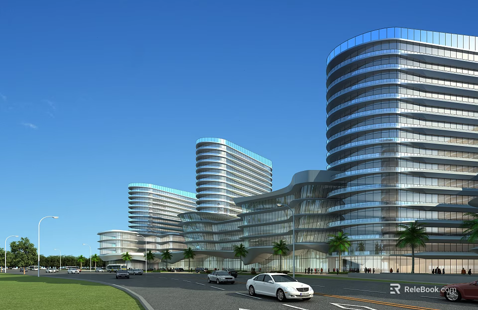Modern High Rise Office Building With Curved Glass Curtain Wall Exterior Palm Trees And Road 3d model 