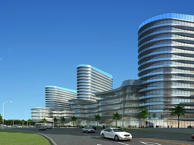 Modern High Rise Office Building With Curved Glass Curtain Wall Exterior Palm Trees And Road 3d model