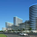 Modern High Rise Office Building With Curved Glass Curtain Wall Exterior Palm Trees And Road