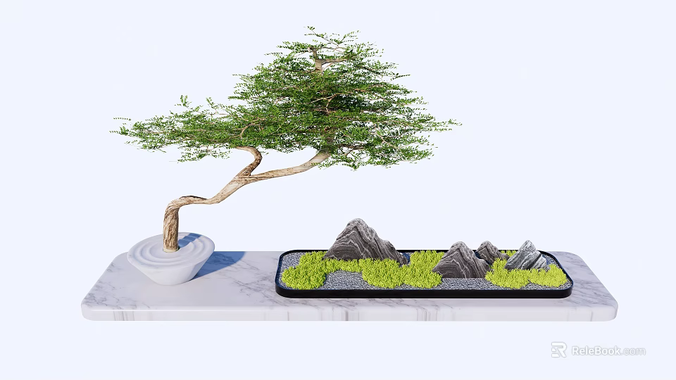 Decorative Bonsai Garden Ornament With Curved Trunk Green Foliage Stones And Rock Formations 3d model 