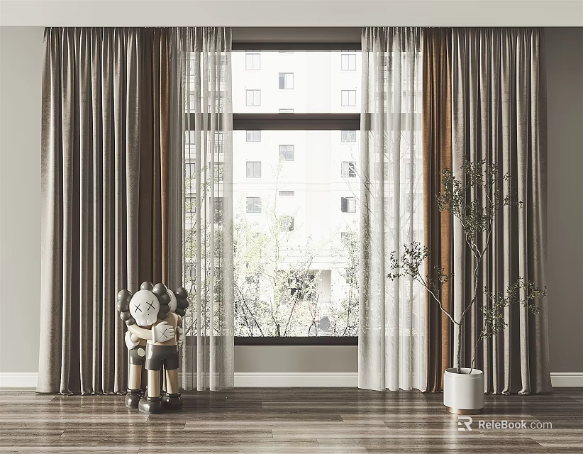 Gray and White Curtains With Sheer Panels In Living Room Window Wooden Floor 3d model 