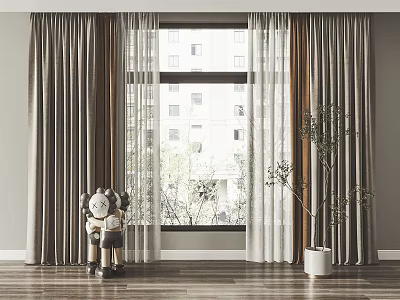 Gray and White Curtains With Sheer Panels In Living Room Window Wooden Floor 3d model