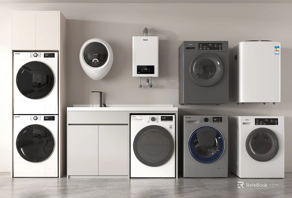 Various Modern Washing Machines In Laundry Room With Water Heater And Appliances 3d model 