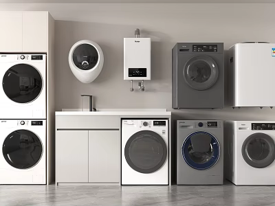 Various Modern Washing Machines In Laundry Room With Water Heater And Appliances 3d model