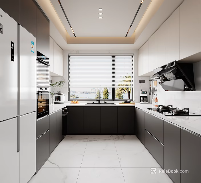 Modern Kitchen Interior With White Gray Cabinets Marble Countertops And Stainless Steel Appliances 3d model 