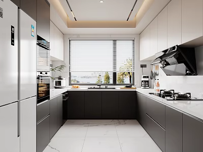 Modern Kitchen Interior With White Gray Cabinets Marble Countertops And Stainless Steel Appliances 3d model