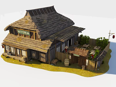 Lush Green Plants Surrounding Traditional Japanese Wooden House With Thatched Roof And Wooden Fence 3d model