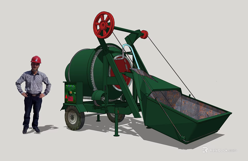 Industrial Concrete Mixer with Mobile Wheels Hopper and Red Rotating Drum 3d model 