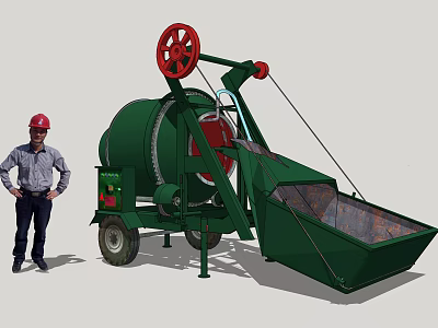 Industrial Concrete Mixer with Mobile Wheels Hopper and Red Rotating Drum 3d model