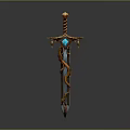 Ornate Golden Sword With Blue Gemstone Twisted Patterns And Carved Hilt