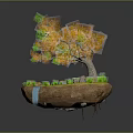 Lush Green Tree on Floating Island with Yellow Grass Stones and Blue Waterfall