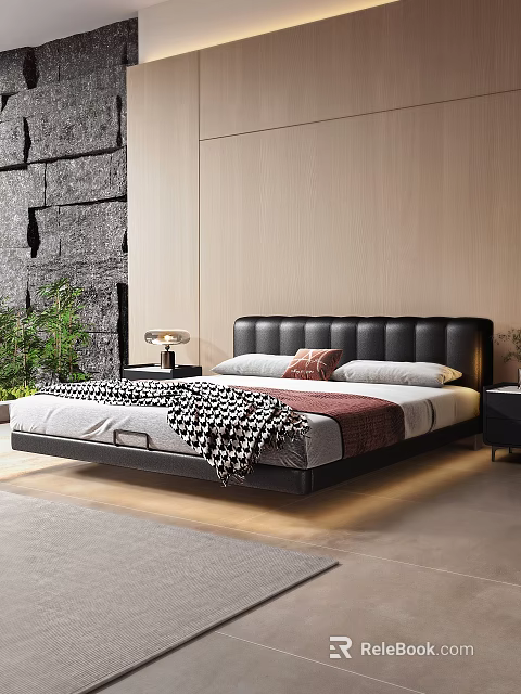 Modern Black Leather Headboard Double Bed with White Pillows Red Cushion and Checkered Blanket 3d model 