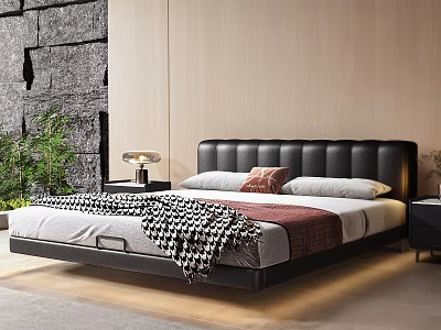 Modern Black Leather Headboard Double Bed with White Pillows Red Cushion and Checkered Blanket 3d model