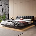 Modern Black Leather Headboard Double Bed with White Pillows Red Cushion and Checkered Blanket