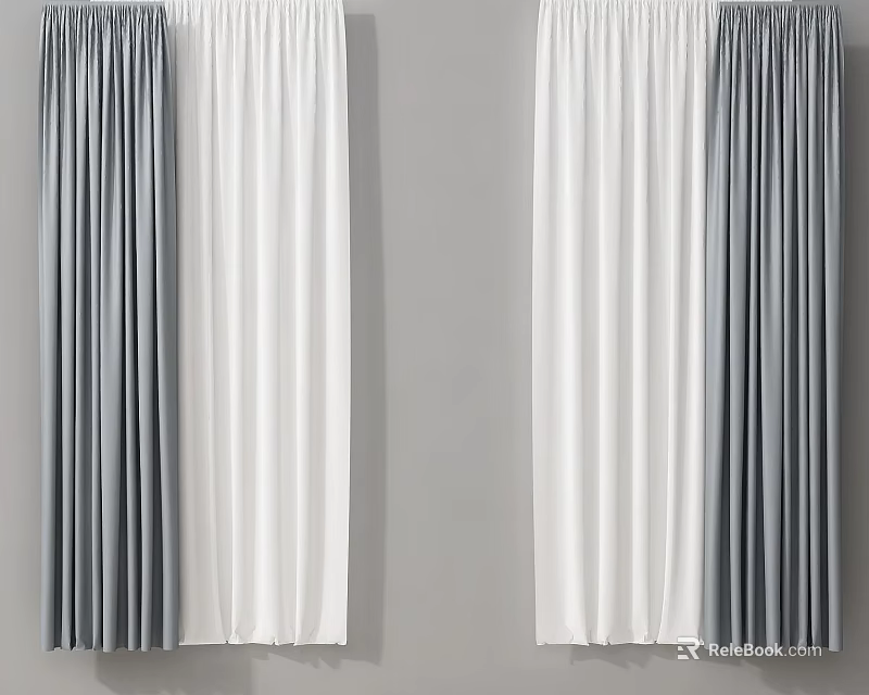 Modern Double Layer Curtains in Gray and White for Window Decoration 3d model