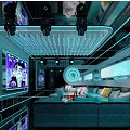 Futuristic Modern KTV Interior With Blue Lighting Sofas TV Screens And Chandeliers