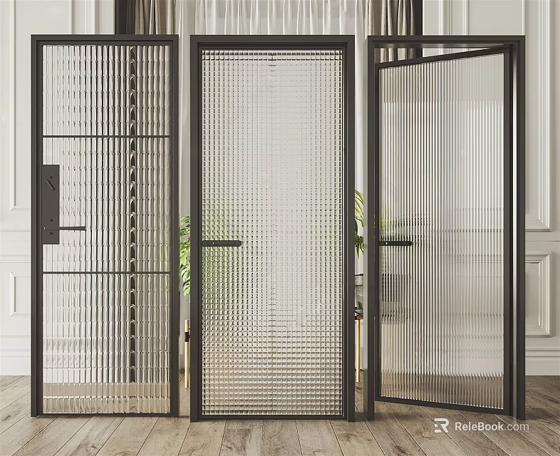 Modern Glass Doors With Black Frames And Different Textured Patterns 3d model