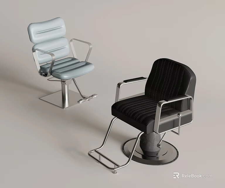 Stylish Light Blue and Black Barber Chairs with Metal Frames and Padded Seats 3d model 