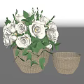 Woven Vase With White Roses Green Leaves And Small Woven Basket