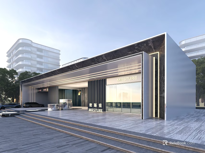 Modern Main Entrance Gate With Glass Facade Metal Structure Steps And Trees 3d model 