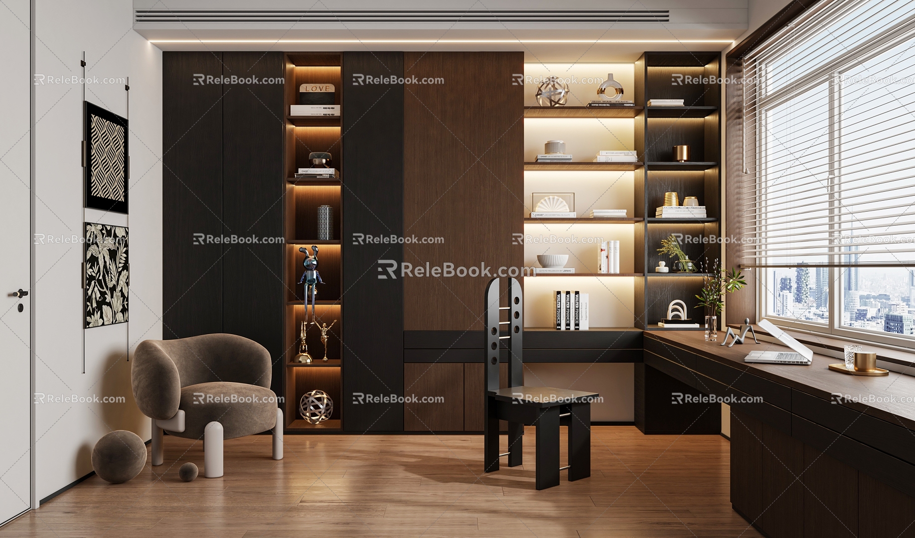 Modern Italian Light Luxury Study Modern Italian Minimalist Study Ancient Style Study Italian Light Luxury Study Bookcase Bookshelf Desk and Chair Decorative Cabinet Office Desk and Chair 3d model