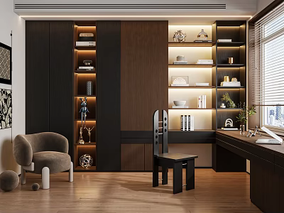 Cozy Study Room Interior Design With Dark Wooden Cabinets Built-in Bookshelves And Trophies 3d model