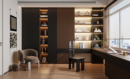 Modern Italian Light Luxury Study Modern Italian Minimalist Study Ancient Style Study Italian Light Luxury Study Bookcase Bookshelf Desk and Chair Decorative Cabinet Office Desk and Chair 3d model